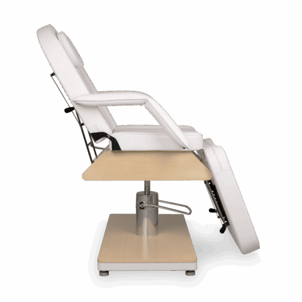 Fauteuil esthétique blanc base bois avec pompe hydraulique