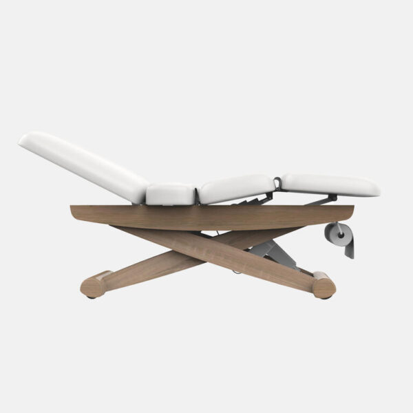 Table de massage ATHENA en bois avec réglage électrique de la hauteur 60‑93,5 cm, dossier inclinable à 60°, repose-pieds inclinable à 25°, ouverture visage ergonomique et positions mémorisées, porte-rouleau inclus