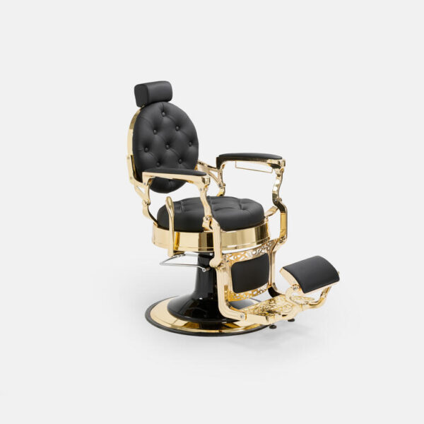 Fauteuil barber ORION GOLD BLACK avec structure dorée et revêtement vert, dossier inclinable et repose-pieds professionnel.