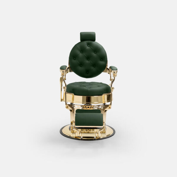Fauteuil barber LUMINEO GOLD GREEN avec structure dorée et revêtement vert, dossier inclinable et repose-pieds professionnel.