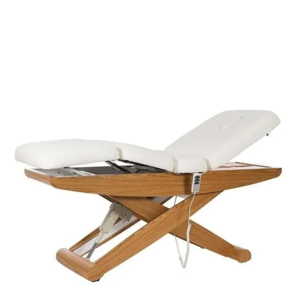 Table de spa ATHLEA avec 3 moteurs électriques, structure métallique en ciseaux et finition bois naturel, revêtement blanc en polyuréthane.