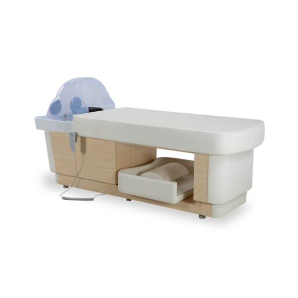 Table Head Spa AQUELIA BED professionnelle avec bac de lavage céramique et casque vapeur pour soins Head Spa